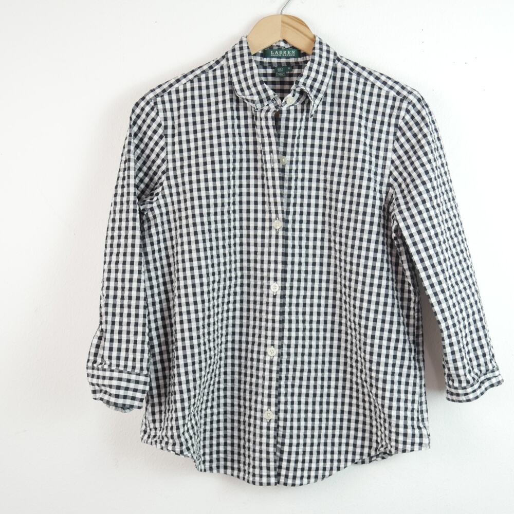 Lauren Ralph Lauren Vintage 90s Medium Gingham Seersucker Button Up Top Preppy